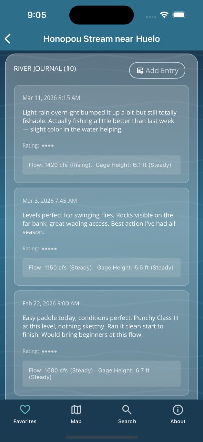 RiverTrax River Journal showing 10 entries with notes, ratings, and auto-saved conditions for Honopou Stream