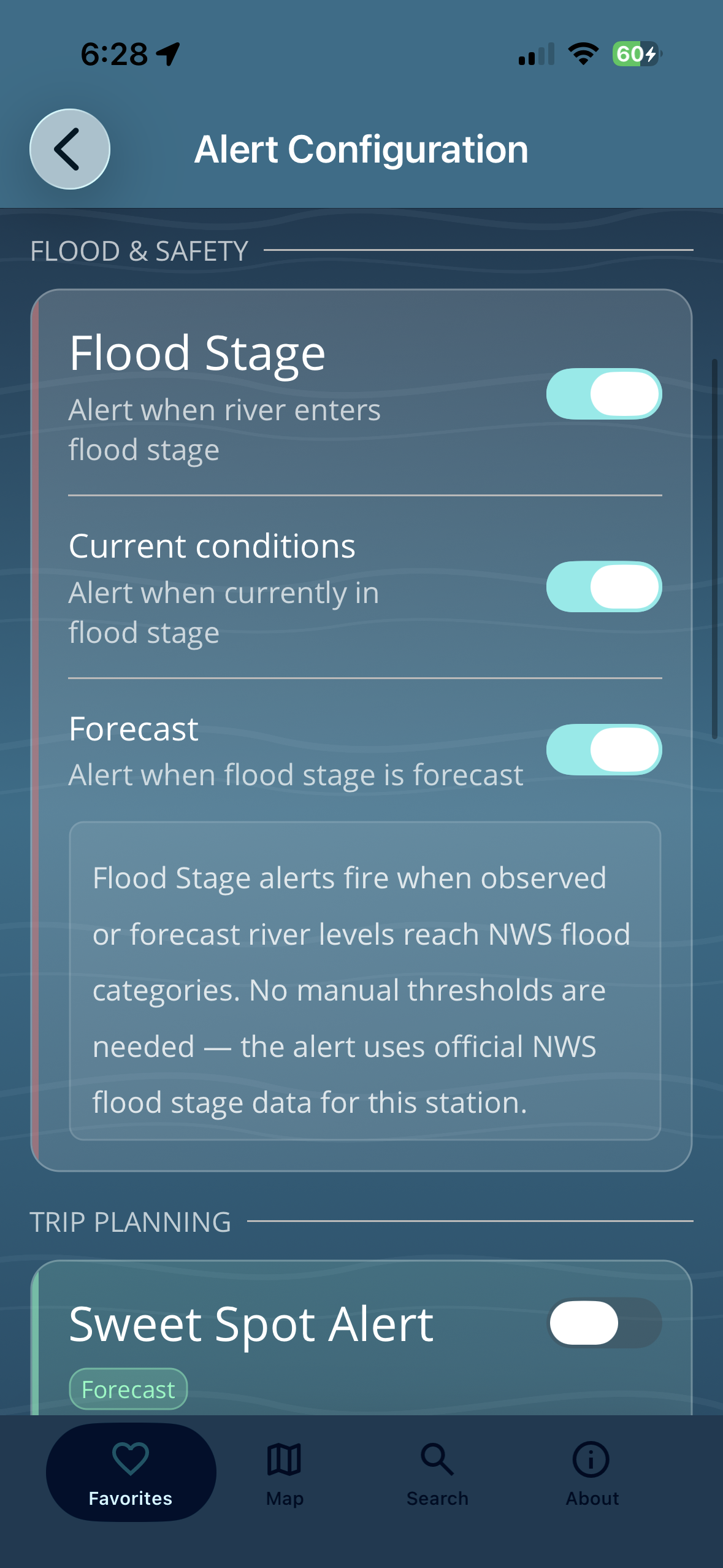 RiverTrax Alert configuration — flood stage threshold settings