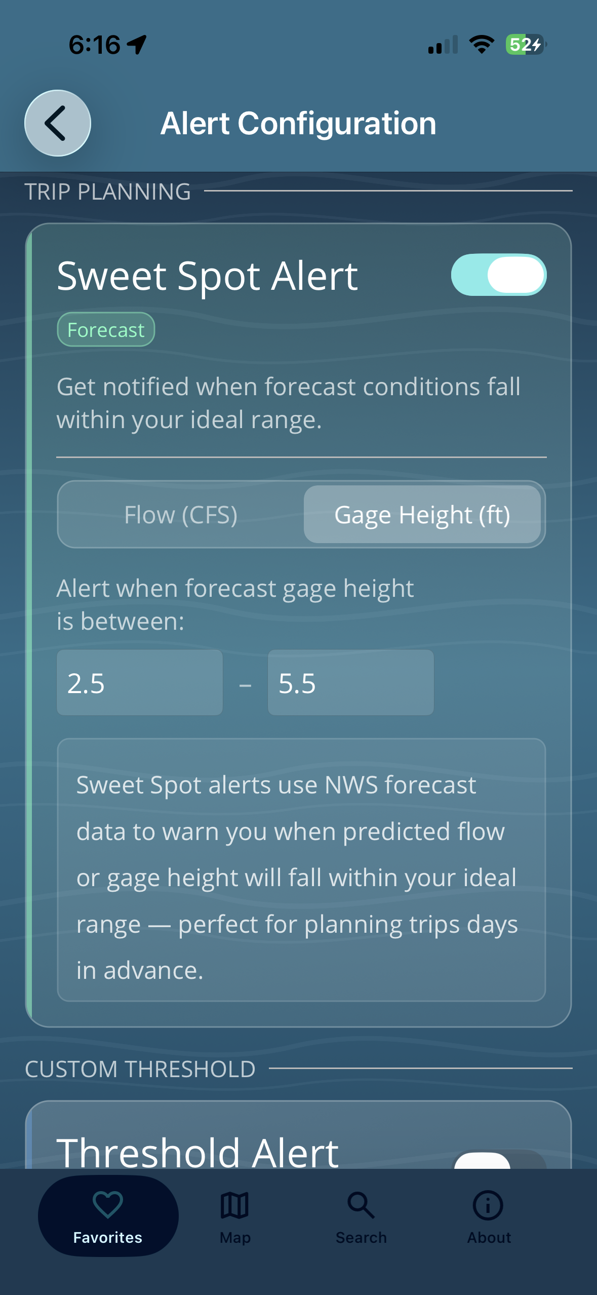 RiverTrax Sweet Spot Alert configuration — set your ideal flow range