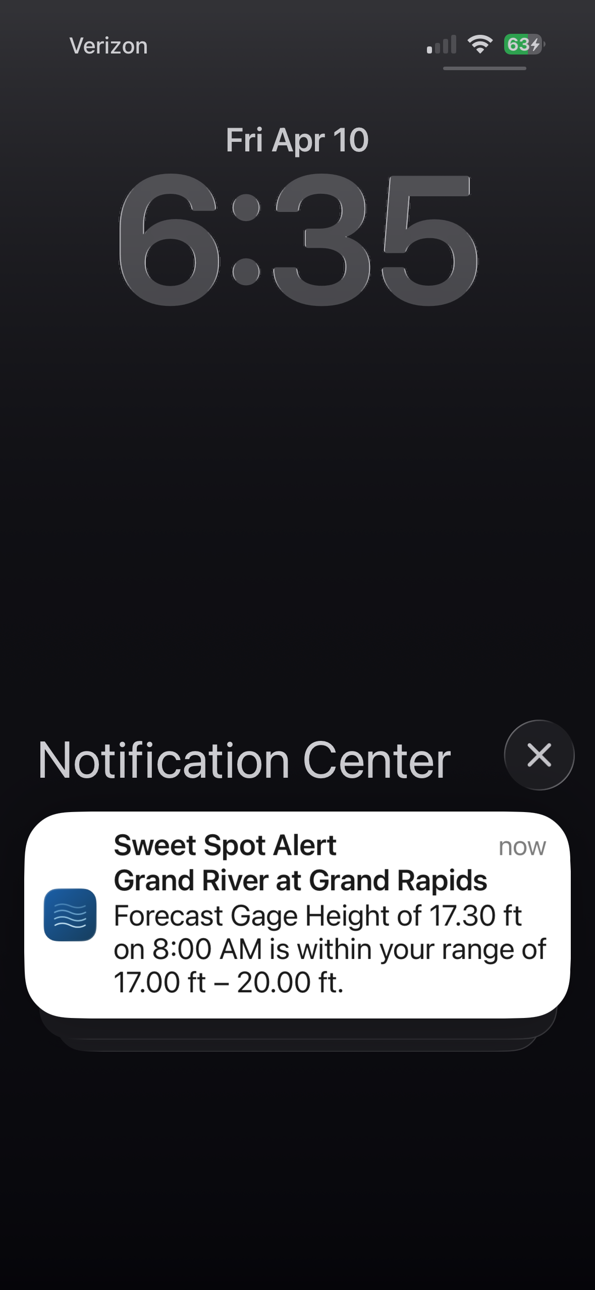 RiverTrax Sweet Spot Alert notification on iPhone